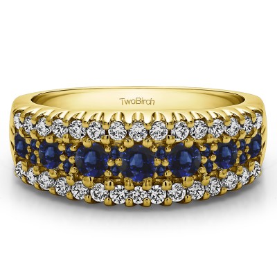 1.02 Carat Sapphire and Diamond Three Row Shared Prong Wedding Ring in Yellow Gold