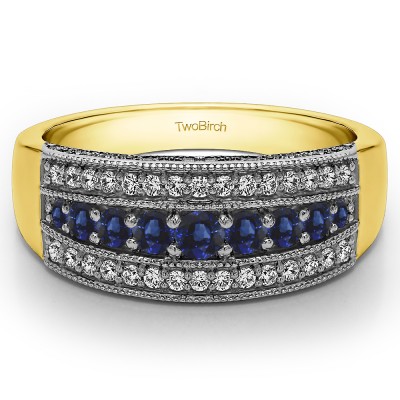 0.71 Carat Sapphire and Diamond Three Row Vintage Millgrain Wedding Ring in Two Tone Gold