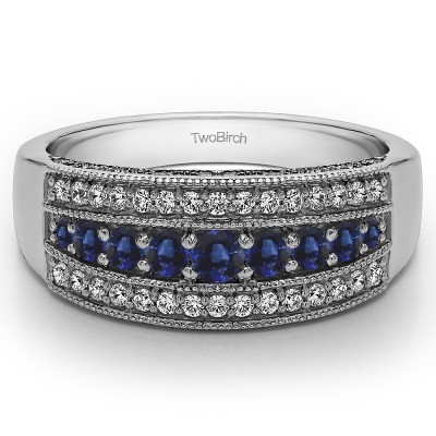 0.71 Carat Sapphire and Diamond Three Row Vintage Millgrain Wedding Ring