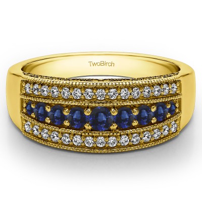 0.71 Carat Sapphire and Diamond Three Row Vintage Millgrain Wedding Ring in Yellow Gold