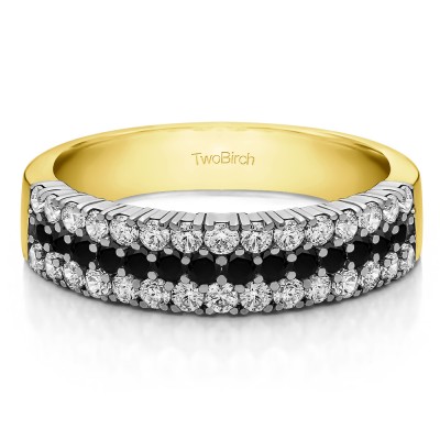 0.99 Carat Black and White Three Row Combined Prong Wedding Ring in Two Tone Gold