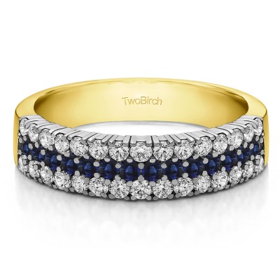 0.99 Carat Sapphire and Diamond Three Row Combined Prong Wedding Ring in Two Tone Gold