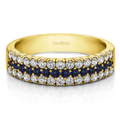 0.99 Carat Sapphire and Diamond Three Row Combined Prong Wedding Ring in Yellow Gold