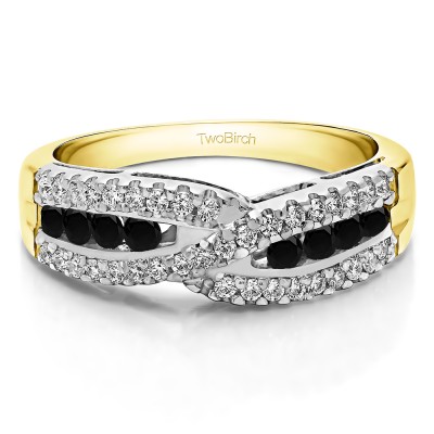 0.61 Carat Black and White Cross Over U Prong Set Wedding Ring    in Two Tone Gold