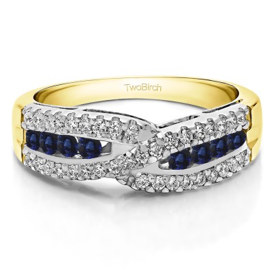 0.61 Carat Sapphire and Diamond Cross Over U Prong Set Wedding Ring    in Two Tone Gold