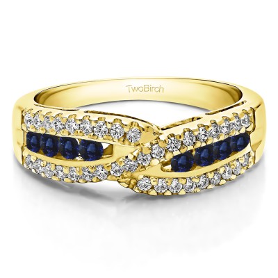 0.61 Carat Sapphire and Diamond Cross Over U Prong Set Wedding Ring    in Yellow Gold