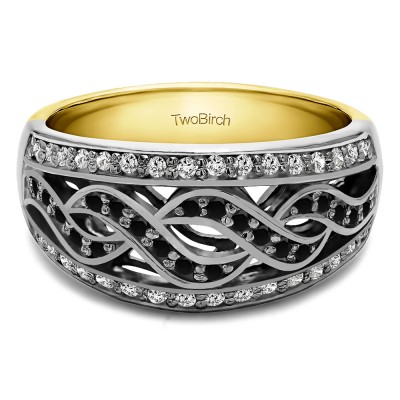 0.54 Carat Black and White Infinity Braid Pave Set Wedding Ring in Two Tone Gold