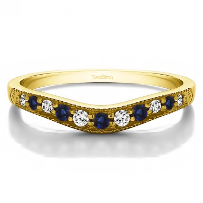 0.2 Ct. Sapphire and Diamond Millgrained Edge Shared Prong Shadow Band in Yellow Gold