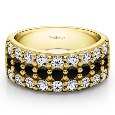 1.5 Carat Black and White Three Row Shared Prong Wide Wedding Band    in Yellow Gold