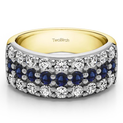 1.5 Carat Sapphire and Diamond Three Row Shared Prong Wide Wedding Band    in Two Tone Gold