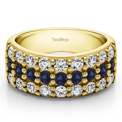 1.5 Carat Sapphire and Diamond Three Row Shared Prong Wide Wedding Band    in Yellow Gold