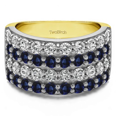 2 Carat Sapphire and Diamond Wide 4 Row Double Shared Prong Wedding Ring   in Two Tone Gold