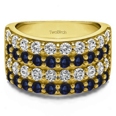 2 Carat Sapphire and Diamond Wide 4 Row Double Shared Prong Wedding Ring   in Yellow Gold