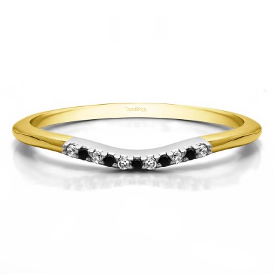 0.06 Ct. Black and White Thin Eleven Stone Shared Prong Curved Ring in Two Tone Gold