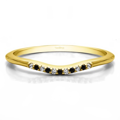 0.06 Ct. Black and White Thin Eleven Stone Shared Prong Curved Ring in Yellow Gold