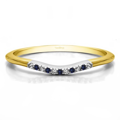 0.06 Ct. Sapphire and Diamond Thin Eleven Stone Shared Prong Curved Ring in Two Tone Gold