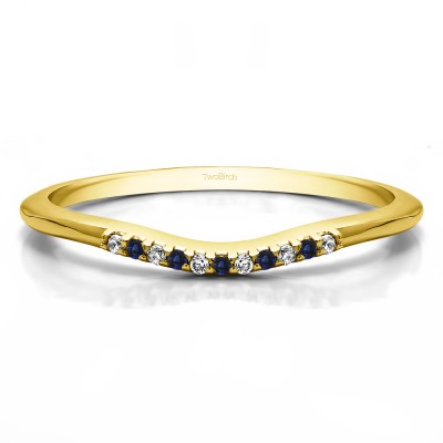 0.06 Ct. Sapphire and Diamond Thin Eleven Stone Shared Prong Curved Ring in Yellow Gold