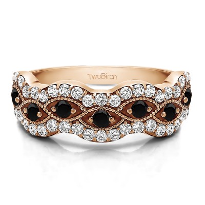 0.88 Carat Black and White Pave Set Millgrained Infinity Wedding Ring in Rose Gold