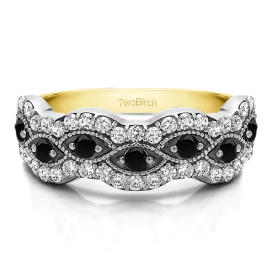 0.88 Carat Black and White Pave Set Millgrained Infinity Wedding Ring in Two Tone Gold