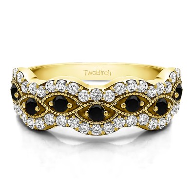0.88 Carat Black and White Pave Set Millgrained Infinity Wedding Ring in Yellow Gold