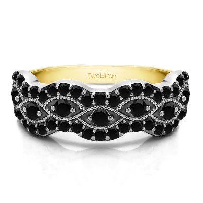 0.88 Carat Black Pave Set Millgrained Infinity Wedding Ring in Two Tone Gold
