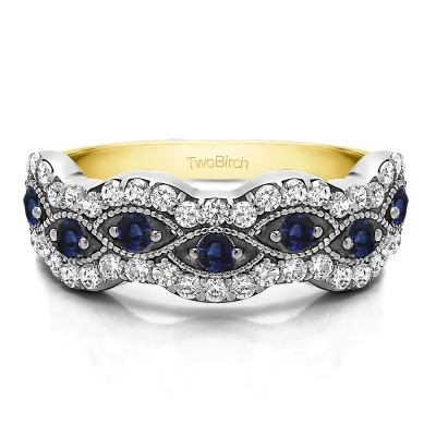 0.88 Carat Sapphire and Diamond Pave Set Millgrained Infinity Wedding Ring in Two Tone Gold