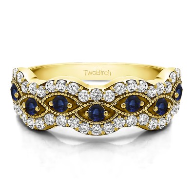 0.88 Carat Sapphire and Diamond Pave Set Millgrained Infinity Wedding Ring in Yellow Gold