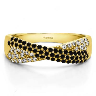 0.54 Carat Black and White Criss Cross Pave Set Anniversary Band in Yellow Gold