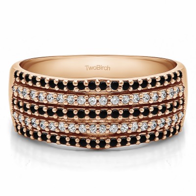 0.5 Carat Black and White Multi Row Shared Prong Wedding Ring in Rose Gold