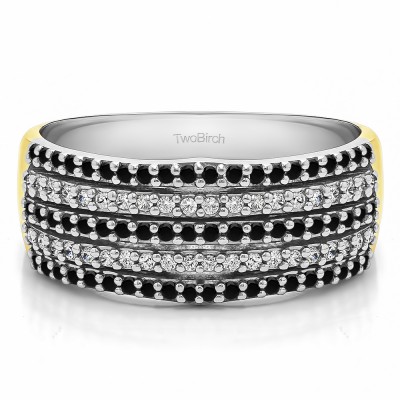 0.5 Carat Black and White Multi Row Shared Prong Wedding Ring in Two Tone Gold