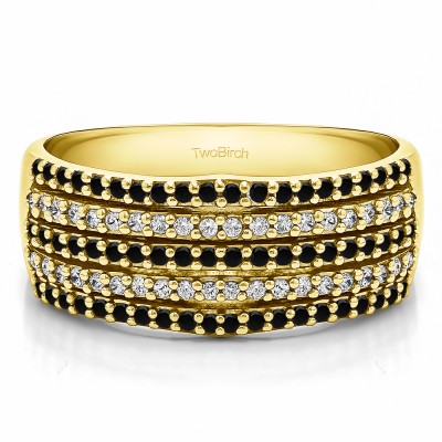 0.5 Carat Black and White Multi Row Shared Prong Wedding Ring in Yellow Gold