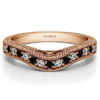 0.3 Ct. Black and White Vintage Millgrained and Filigree Contour Wedding Ring in Rose Gold