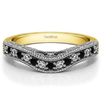 0.3 Ct. Black and White Vintage Millgrained and Filigree Contour Wedding Ring in Two Tone Gold