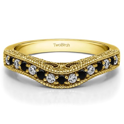 0.3 Ct. Black and White Vintage Millgrained and Filigree Contour Wedding Ring in Yellow Gold