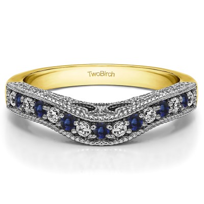 0.3 Ct. Sapphire and Diamond Vintage Millgrained and Filigree Contour Wedding Ring in Two Tone Gold