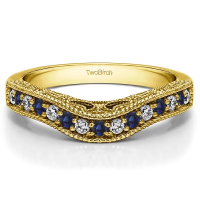 0.3 Ct. Sapphire and Diamond Vintage Millgrained and Filigree Contour Wedding Ring in Yellow Gold