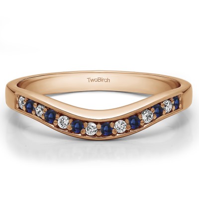 0.18 Ct. Sapphire and Diamond Fourteen Stone Prong In Channel Curved Ring in Rose Gold