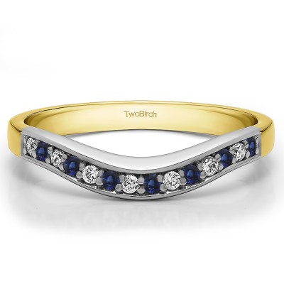 0.18 Ct. Sapphire and Diamond Fourteen Stone Prong In Channel Curved Ring in Two Tone Gold