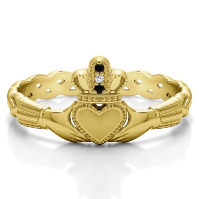 0.02 Carat Black and White Celtic Claddagh Wedding Ring   in Yellow Gold