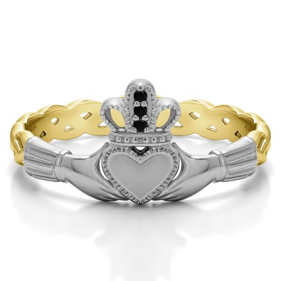 0.02 Carat Black Celtic Claddagh Wedding Ring   in Two Tone Gold