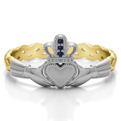 0.02 Carat Sapphire Celtic Claddagh Wedding Ring   in Two Tone Gold