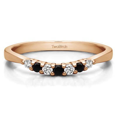 0.18 Ct. Black and White Seven Stone Shared Prong Pinched Shank Curved Ring in Rose Gold
