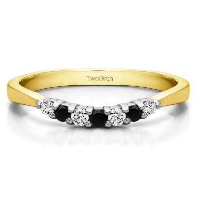 0.18 Ct. Black and White Seven Stone Shared Prong Pinched Shank Curved Ring in Two Tone Gold