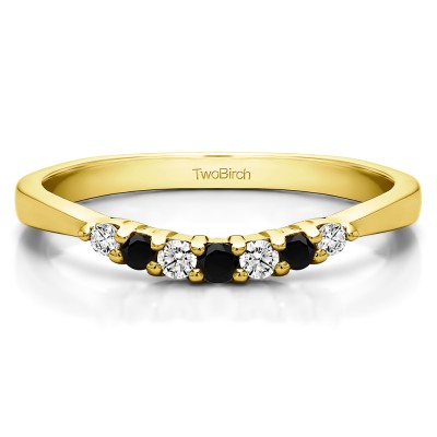 0.18 Ct. Black and White Seven Stone Shared Prong Pinched Shank Curved Ring in Yellow Gold