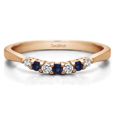 0.18 Ct. Sapphire and Diamond Seven Stone Shared Prong Pinched Shank Curved Ring in Rose Gold