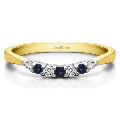 0.18 Ct. Sapphire and Diamond Seven Stone Shared Prong Pinched Shank Curved Ring in Two Tone Gold