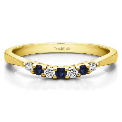 0.18 Ct. Sapphire and Diamond Seven Stone Shared Prong Pinched Shank Curved Ring in Yellow Gold