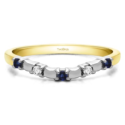 0.1 Ct. Sapphire and Diamond Five Stone Wide Bar Set Curved Contour Ring in Two Tone Gold