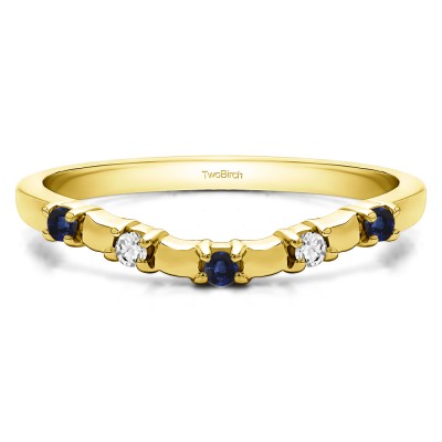 0.1 Ct. Sapphire and Diamond Five Stone Wide Bar Set Curved Contour Ring in Yellow Gold