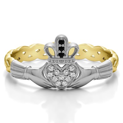 0.07 Carat Black and White Celtic Claddagh Wedding Ring with Pave Heart    in Two Tone Gold